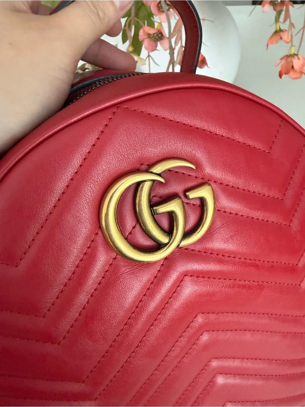 Authentic Gucci GG Marmont Mini Backpack Red Matelassé Leather